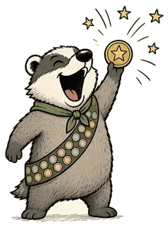 Badger, a chunky cartoon badger in a merit sash, holding up a shiny new badge.
