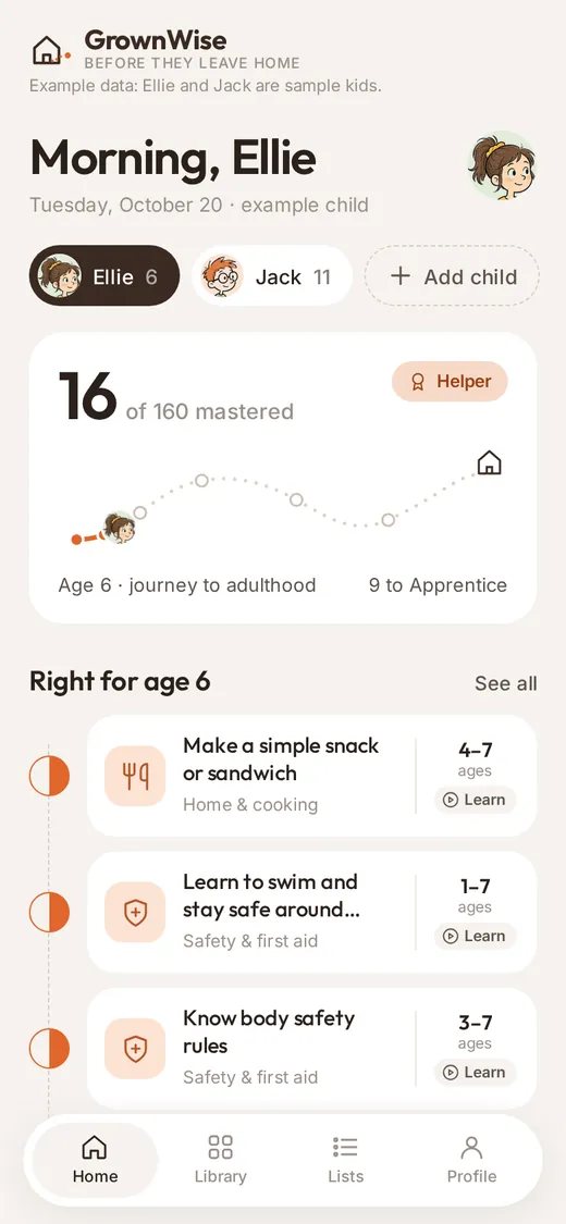 GrownWise home screen: a child's progress (16 of 160 skills mastered, Helper level) and skills that are right for their age.