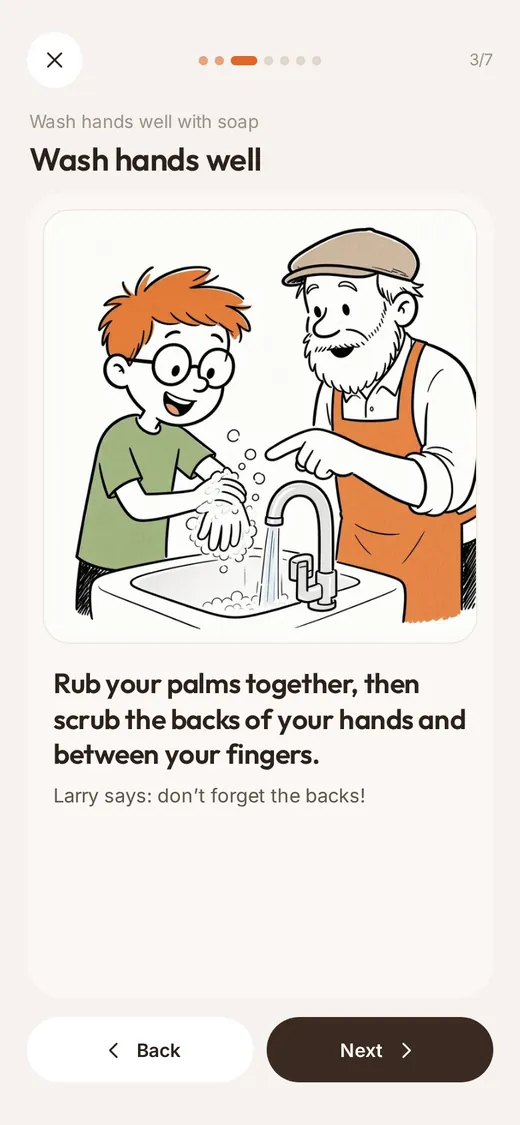 Lesson card: Larry shows Max how to wash hands well.