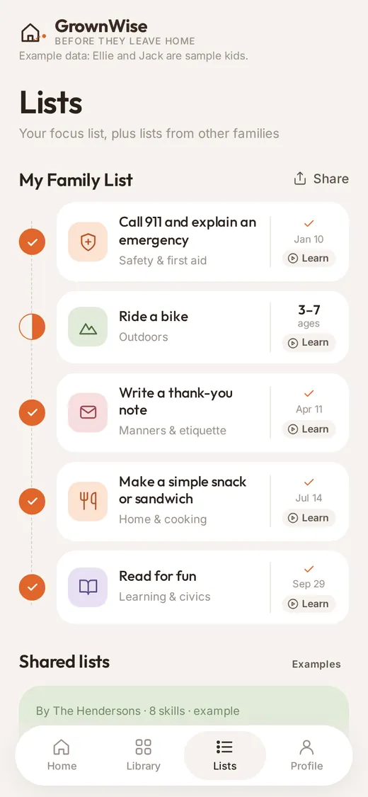 My Family List with skills like calling 911, riding a bike and writing a thank-you note.